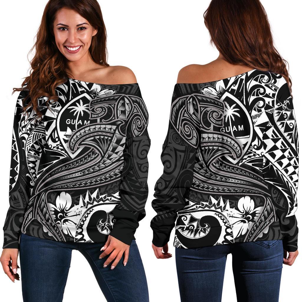 Guam Polynesian Women's Off Shoulder Sweater - White Shark Polynesian Tattoo White - Polynesian Pride