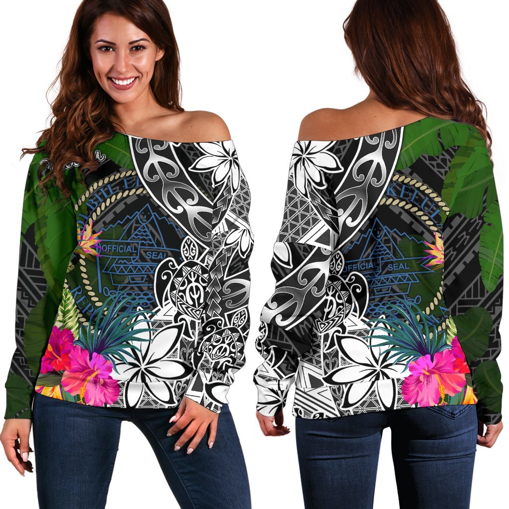 Palau Off Shoulder Sweater - Turtle Plumeria Banana Leaf Crest Black - Polynesian Pride