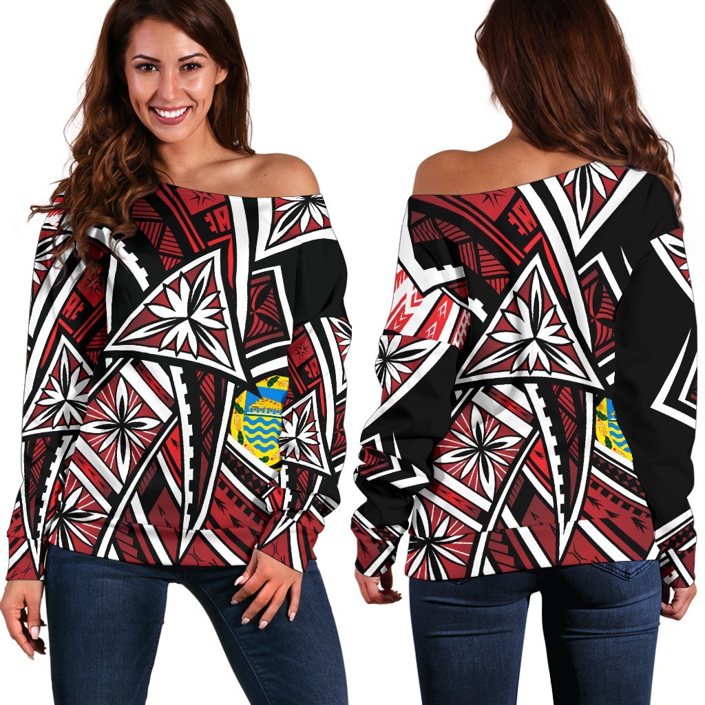 Tuvalu Women's Off Shoulder Sweaters - Tribal Flower Special Pattern Red Color Red - Polynesian Pride