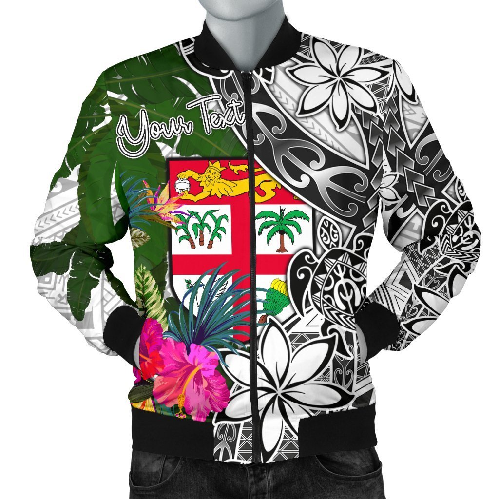 Fiji Custom Personalised Men's Bomber Jacket White - Turtle Plumeria Banana Leaf White - Polynesian Pride