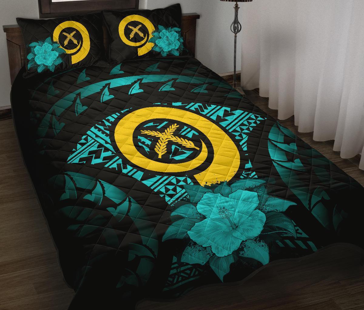 Vanuatu Polynesian Quilt Bed Set Hibiscus Turquoise Black - Polynesian Pride