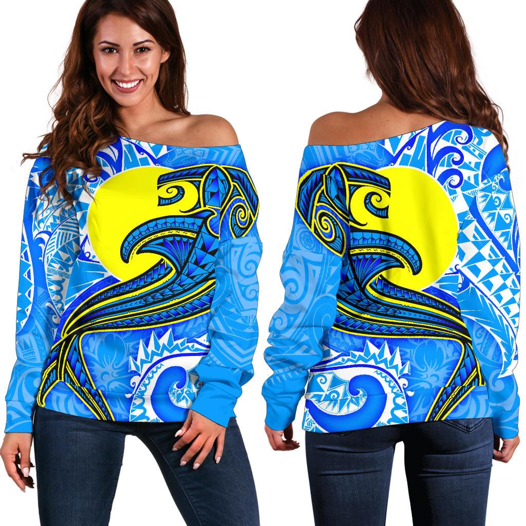 Palau Polynesian Women's Off Shoulder Sweater - Palau Flag with Polynesian Tattoo Blue - Polynesian Pride