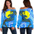 Palau Polynesian Women's Off Shoulder Sweater - Palau Flag with Polynesian Tattoo Blue - Polynesian Pride