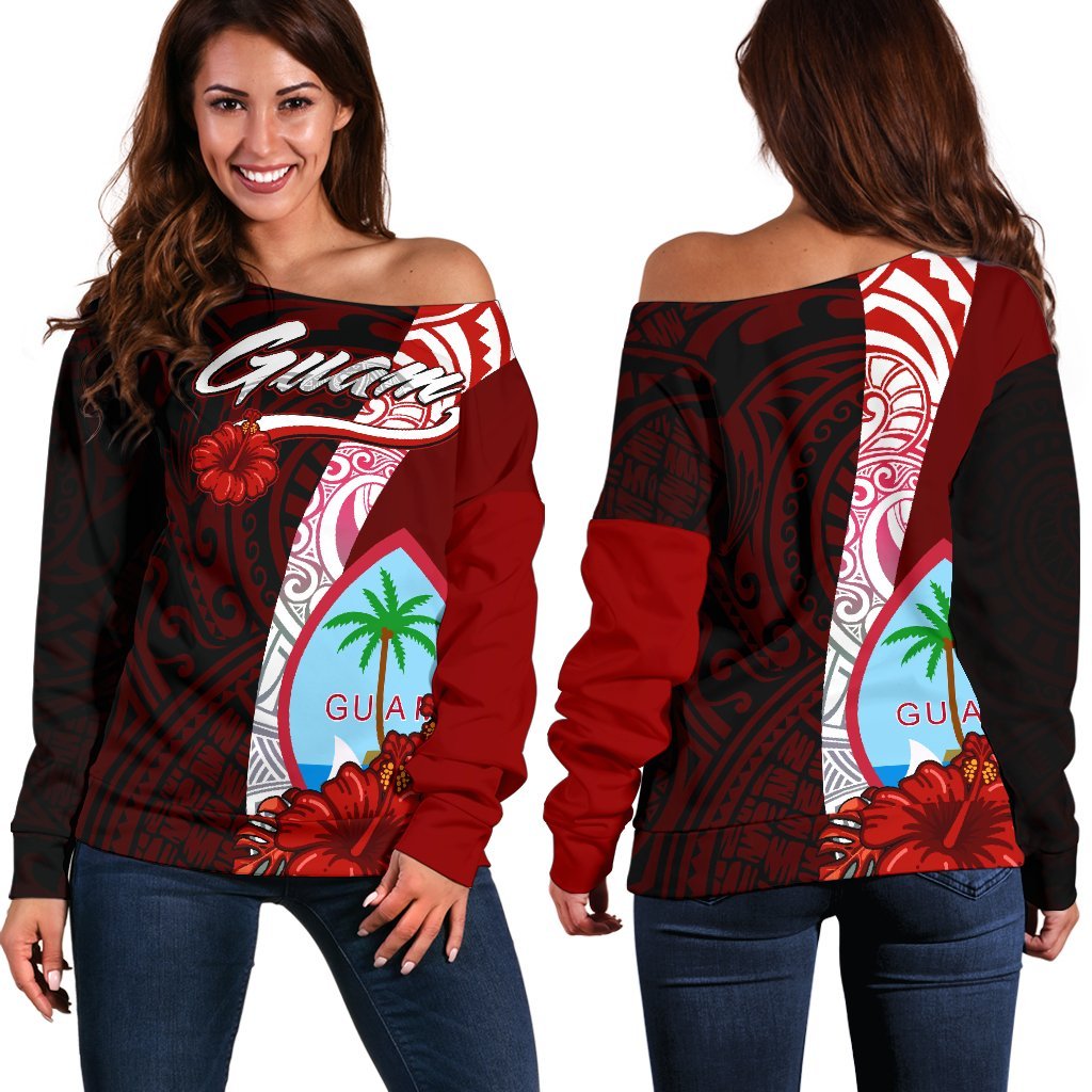 Guam Polynesian Women's Off Shoulder Sweater - Coat Of Arm With Hibiscus Red - Polynesian Pride