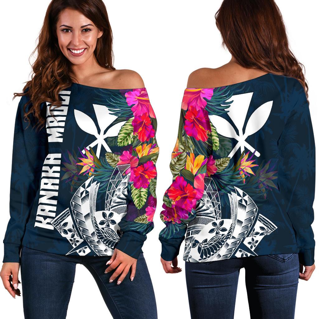 Hawaii Off Shoulder Sweater - Polynesian Hibiscus with Summer Vibes Blue - Polynesian Pride