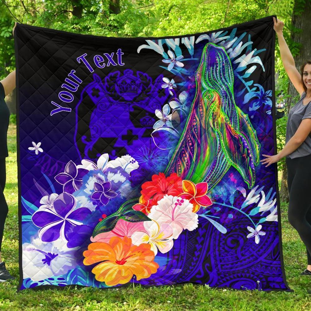 Tonga Custom Personalised Premium Quilt - Humpback Whale with Tropical Flowers (Blue) Blue - Polynesian Pride