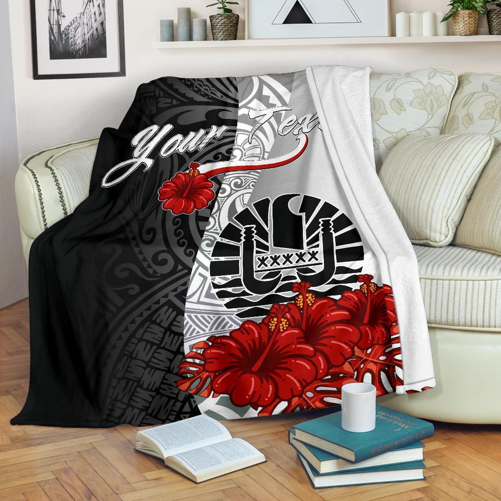 Tahiti Polynesian Custom Personalised Premium Blanket - Coat Of Arm With Hibiscus White White - Polynesian Pride