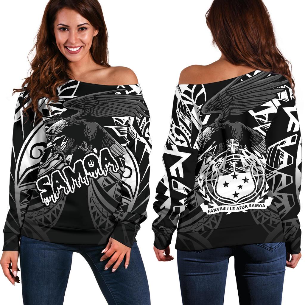 Samoa Polynesian Women's Off Shoulder Sweater - Eagle Tribal Pattern Black Black - Polynesian Pride