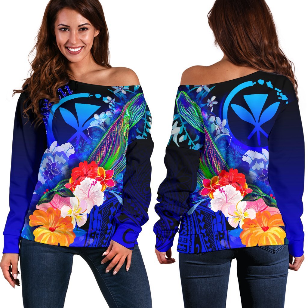 Polynesian Hawaii Women's Off Shoulder Sweater - Kanaka Maoli Humpback Whale with Tropical Flowers (Blue) Blue - Polynesian Pride