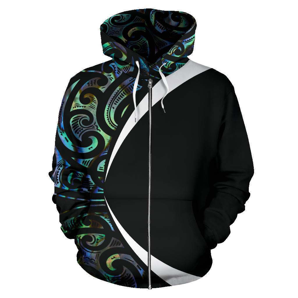 Maori Paua Shell Zip Hoodie Circle Style Unisex Black - Polynesian Pride