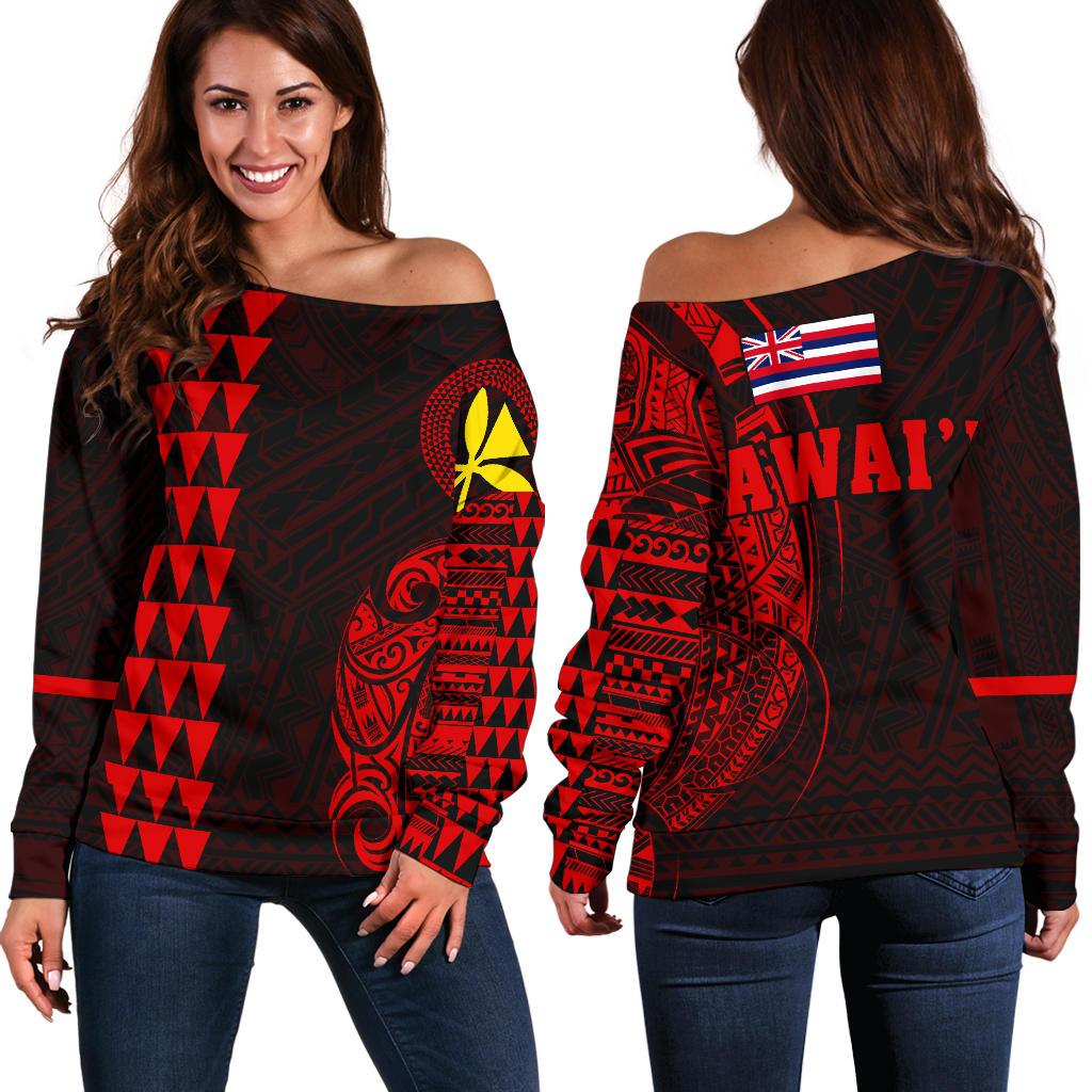 Hawaii Kanaka Polynesian Women's Off Shoulder Sweater - Red Red - Polynesian Pride