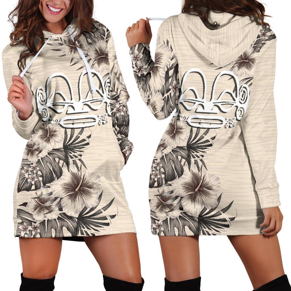 Marquesas Islands Hoodie Dress - Marquesas Islands Tiki Face & Beige Hibiscus White - Polynesian Pride