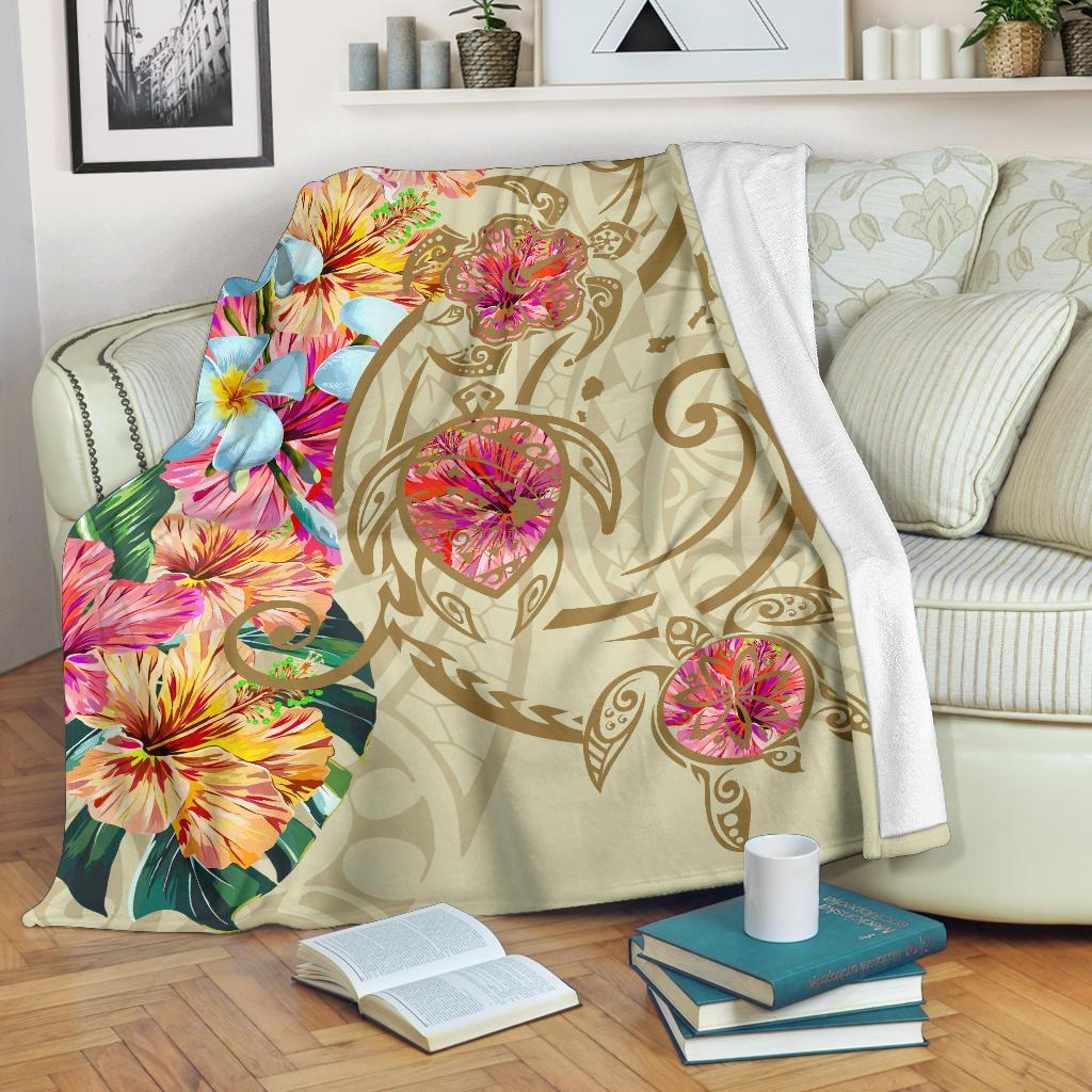 Hawaii Triple Marble Turtle Polynesian Hibiscus Premium Blanket - AH - Benjamin Style - Beige White - Polynesian Pride