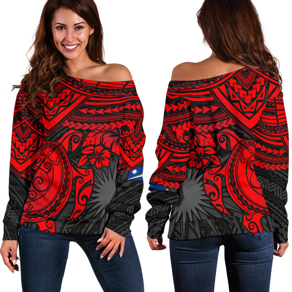 Marshall Islands Polynesian Off Shoulder Sweater (Women) - Red Turtle Red - Polynesian Pride