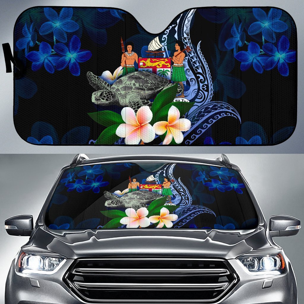 Polynesian Fiji Sun Shades - Turtle With Plumeria Flowers Auto Sun Shade Universal Fit Blue - Polynesian Pride