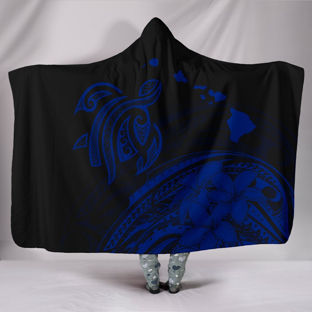 Hawaii Map Plumeria Polynesian Blue Turtle Hooded Blanket Hooded Blanket Blue - Polynesian Pride