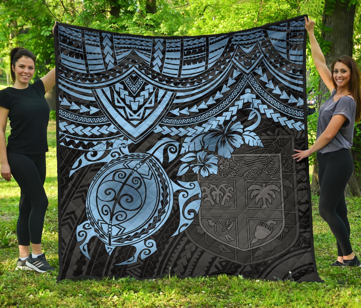 Fiji Polynesian Premium Quilt - Fiji Flag & Blue Turtle Hibiscus BLUE - Polynesian Pride