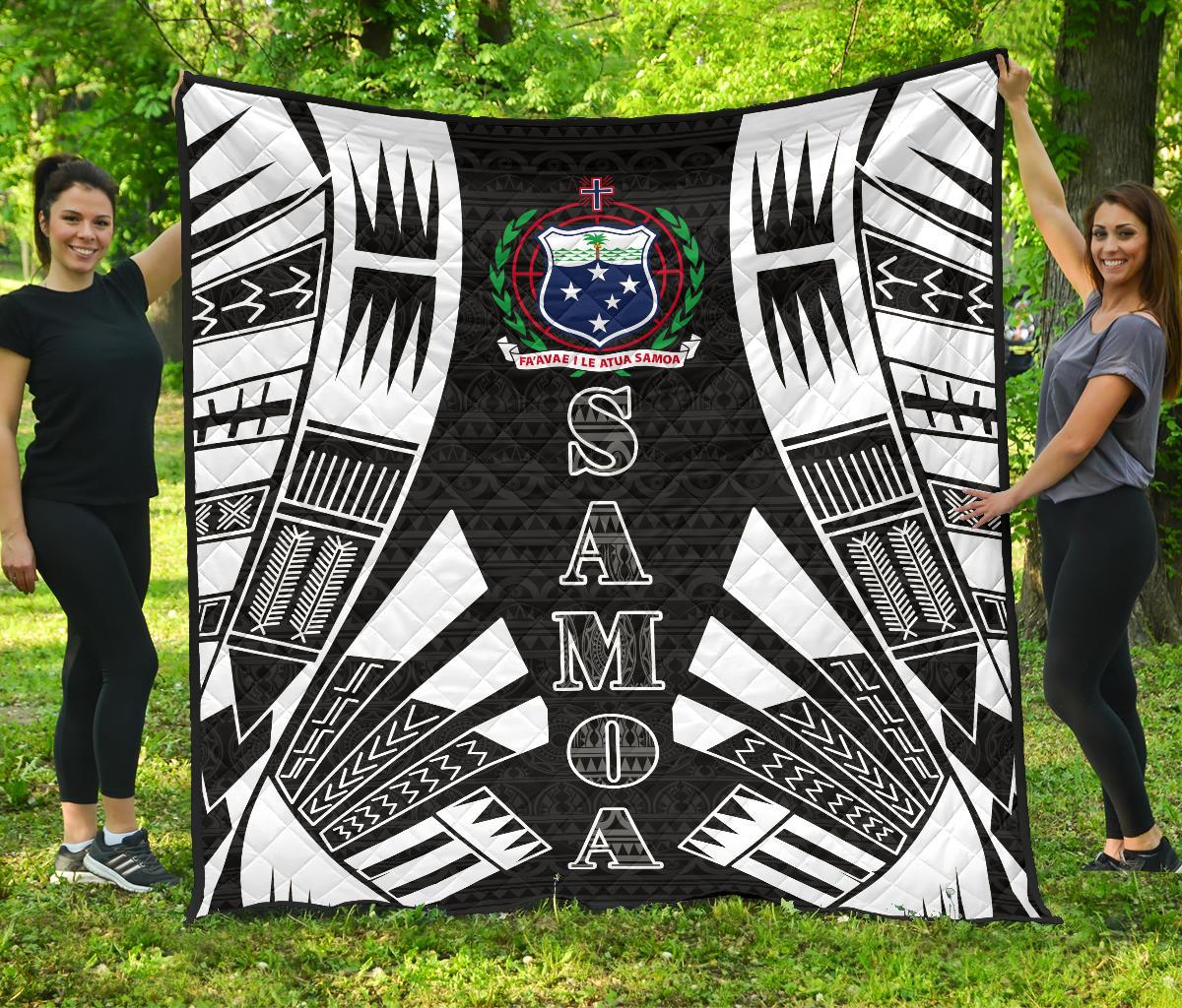 Samoa Premium Quilt - Samoa Coat Of Arms Polynesian White Tattoo (Black) Black - Polynesian Pride