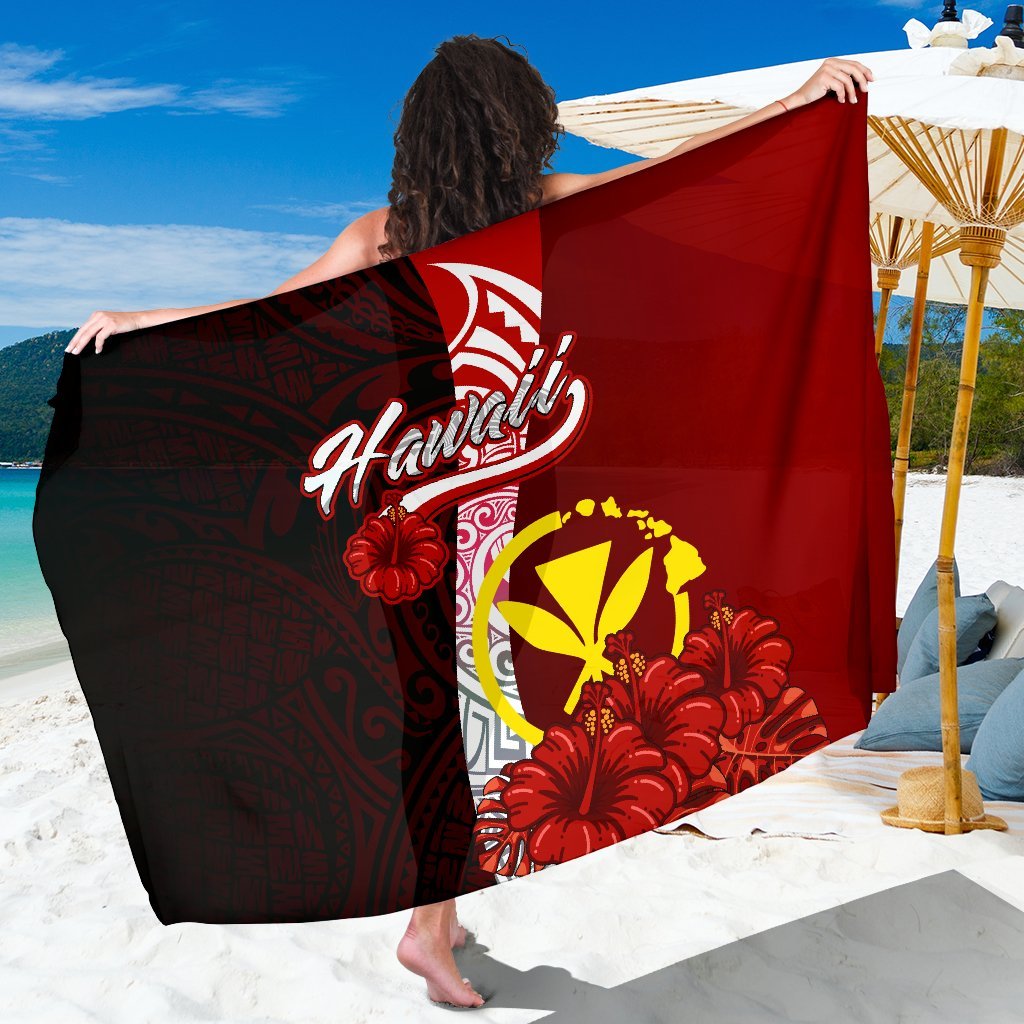 Hawaii Polynesian Sarong - Coat Of Arm With Hibiscus One Style One Size Red - Polynesian Pride