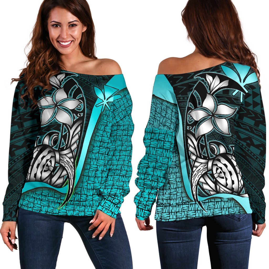 Polynesian Hawaii Off Shoulder Sweater Turquoise - Turtle with Hook TURQUOISE - Polynesian Pride