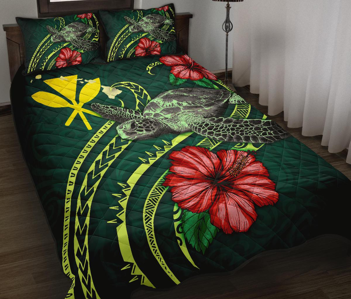 Hawaii Polynesian Quilt Bed Set - Green Turtle Hibiscus Green - Polynesian Pride