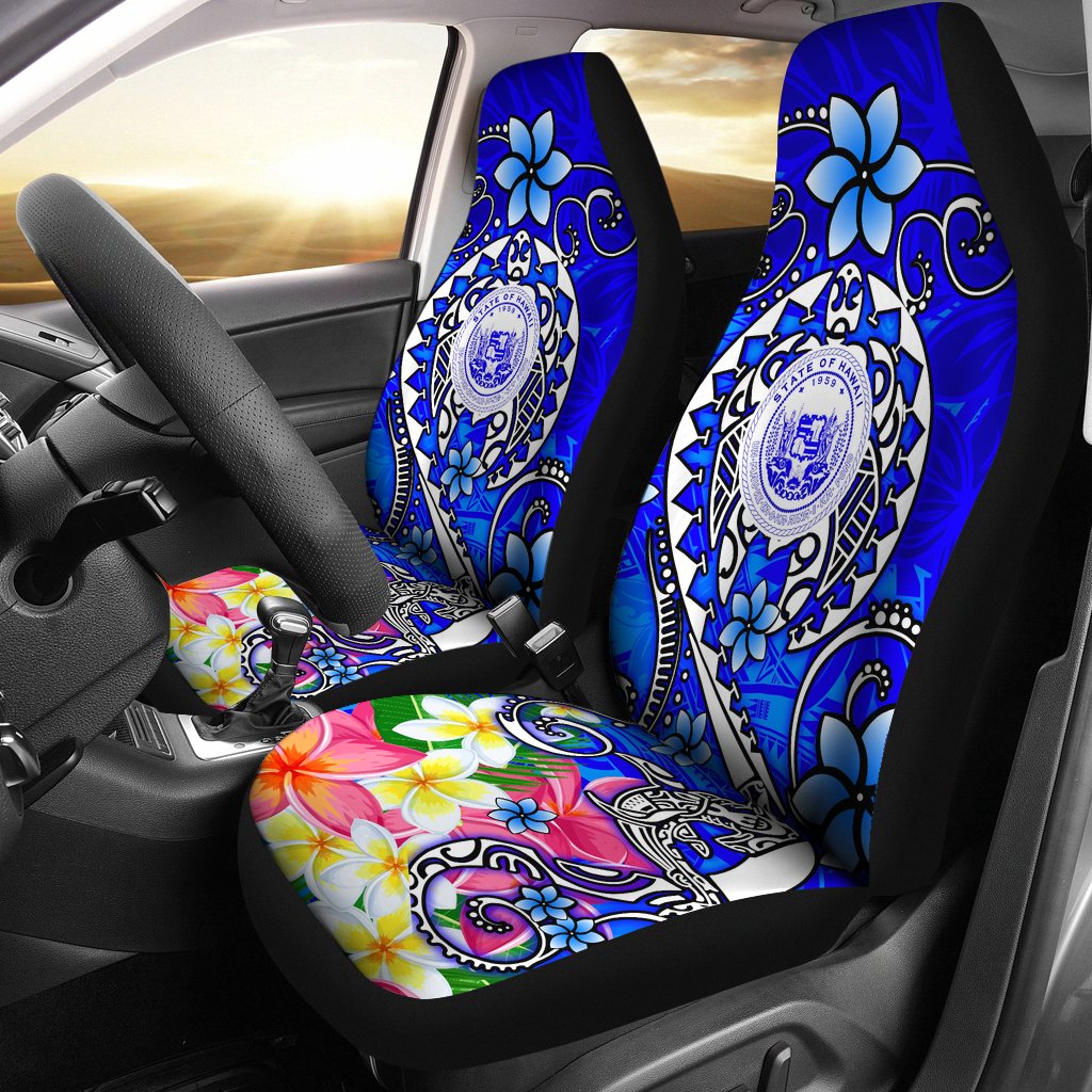 Hawaii Polynesian Car Seat Covers - Hawaii Seal With Turtle Plumeria (Blue) Universal Fit Blue - Polynesian Pride