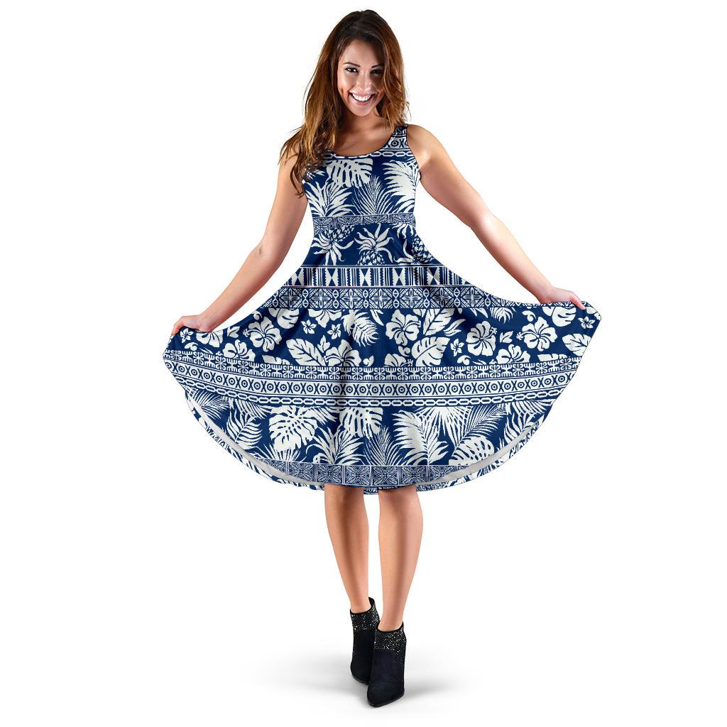 Hawaiian Women's Dress - Hibiscus Tropical Leaves Women Blue - Polynesian Pride