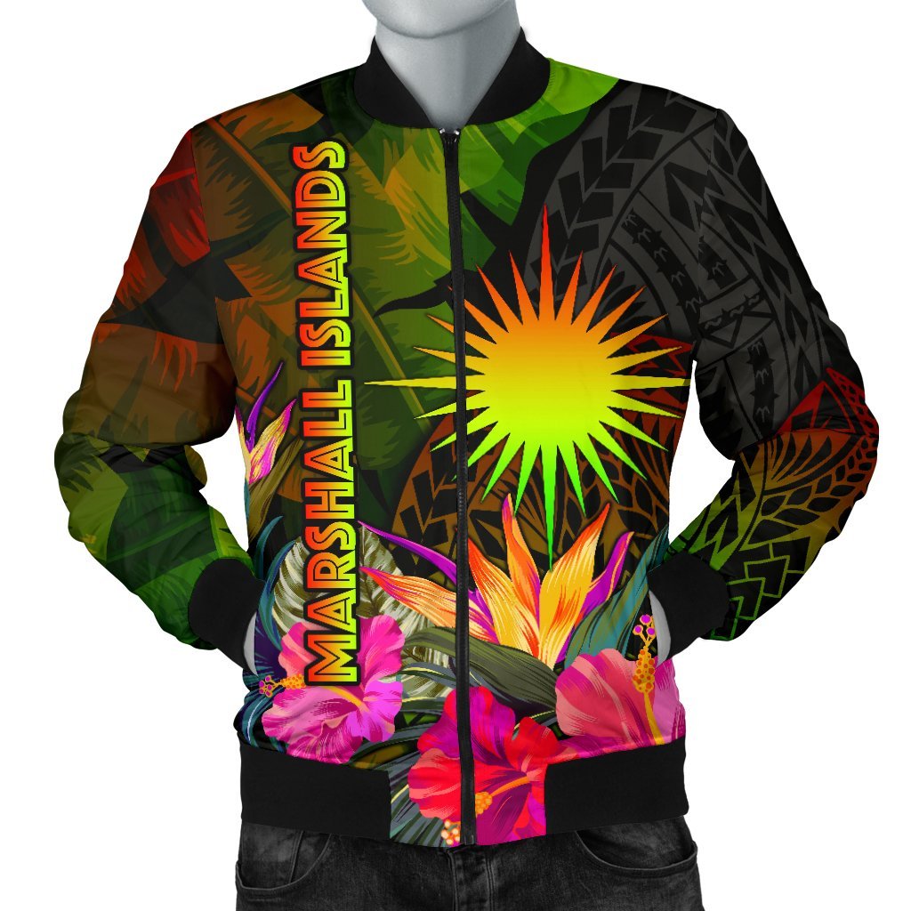 Marshall Islands Polynesian Men's Bomber jacket - Hibiscus and Banana Leaves Reggae - Polynesian Pride