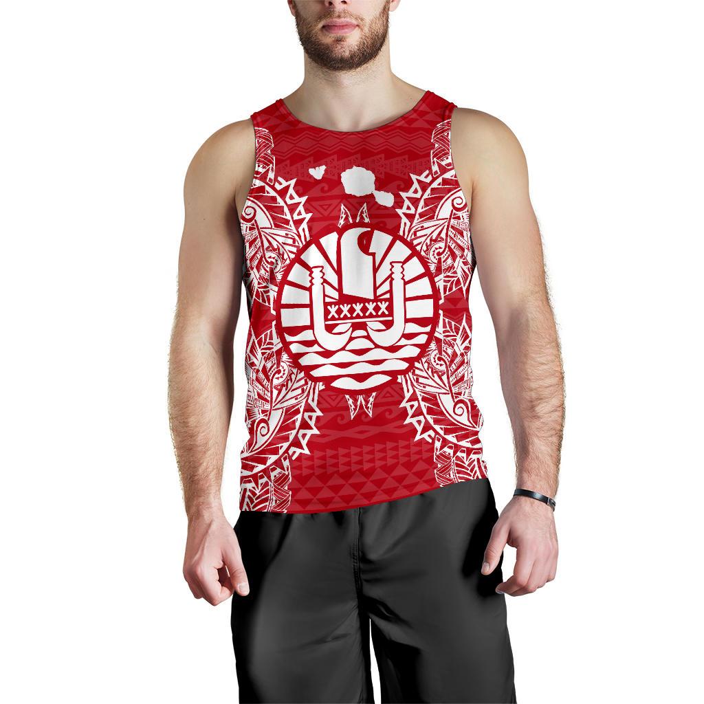 French Polynesia Polynesian Men Tank Top Map Red White Red - Polynesian Pride