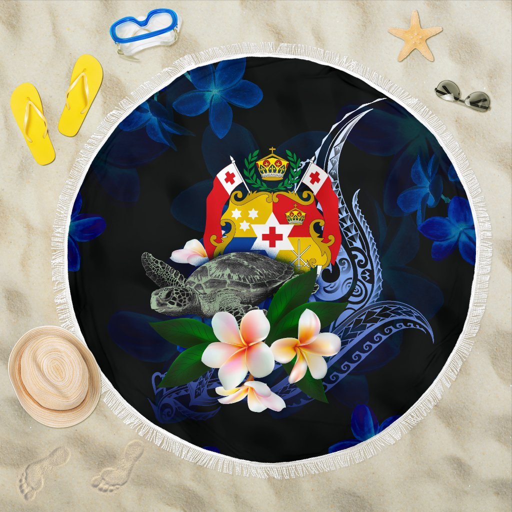 Tonga Polynesian Beach Blanket - Turtle With Plumeria Flowers One style One size Blue - Polynesian Pride
