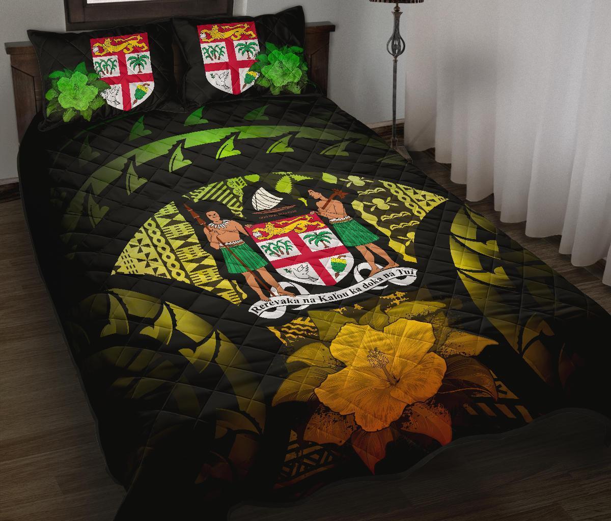 Fiji Polynesian Quilt Bed Set Hibiscus Reggae Black - Polynesian Pride