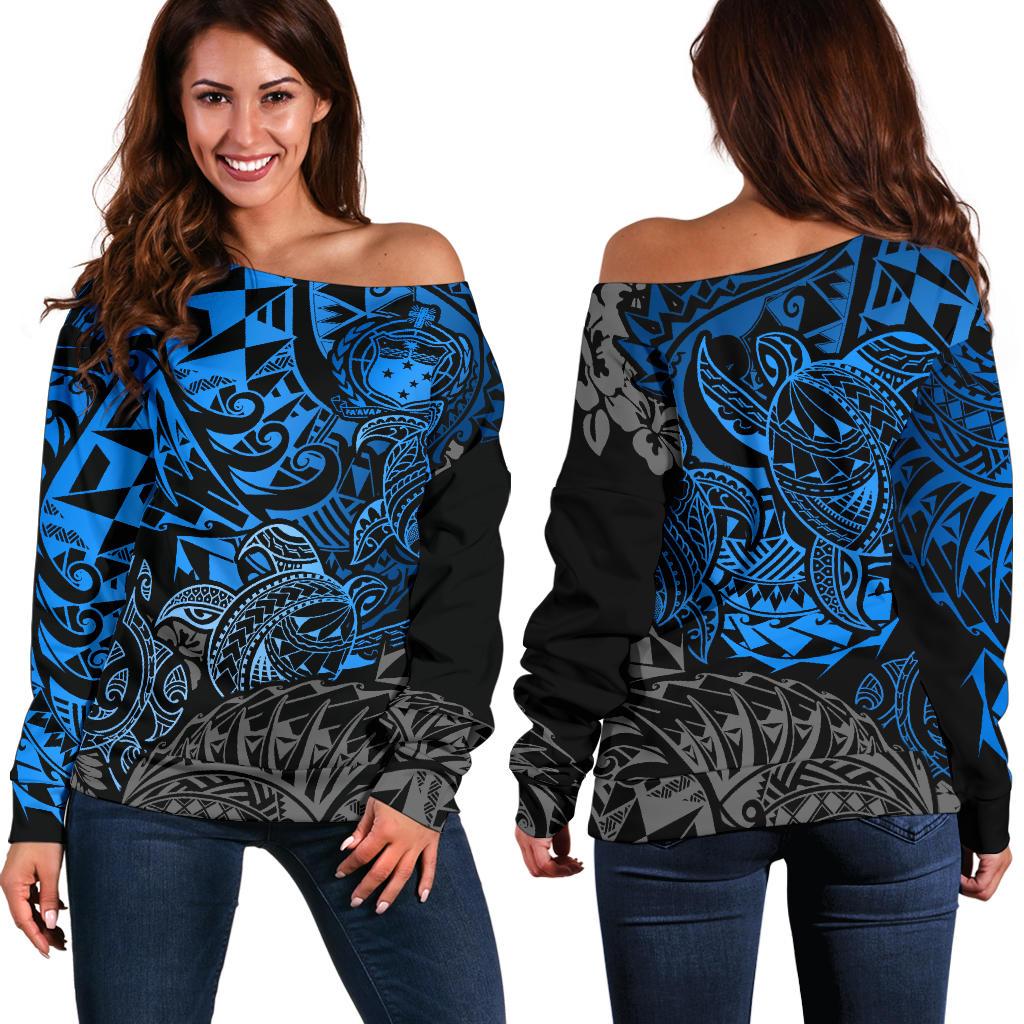 Samoa Polynesian Off Shoulder Sweater (Women) - Blue Turtle Flowing BLUE - Polynesian Pride
