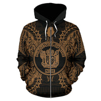 Niue Polynesian All Over Zip up Hoodie Map Gold - Polynesian Pride