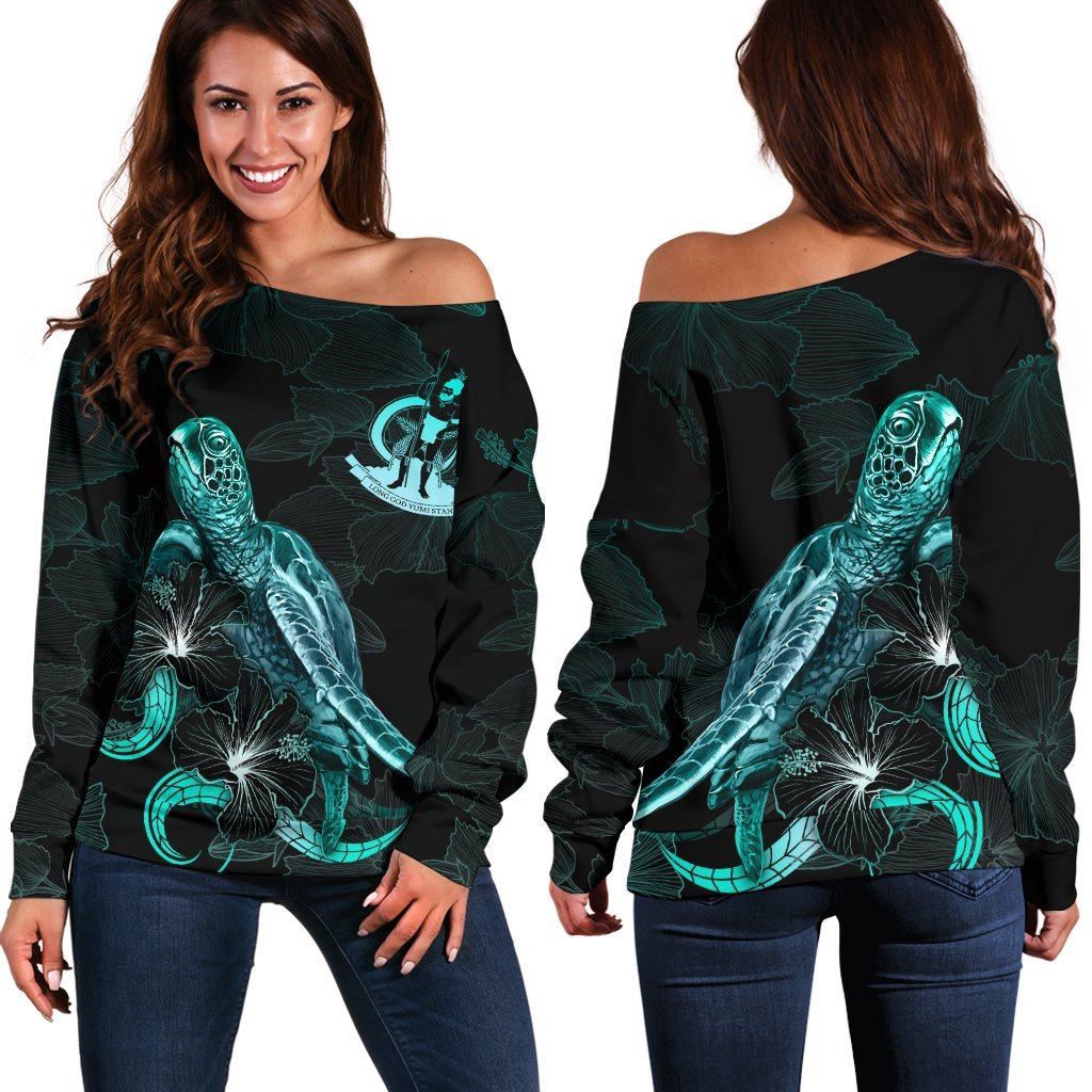 Vanuatu Polynesian Women's Off Shoulder Sweater - Turtle With Blooming Hibiscus Turquoise Turquoise - Polynesian Pride