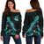 Vanuatu Polynesian Women's Off Shoulder Sweater - Turtle With Blooming Hibiscus Turquoise Turquoise - Polynesian Pride