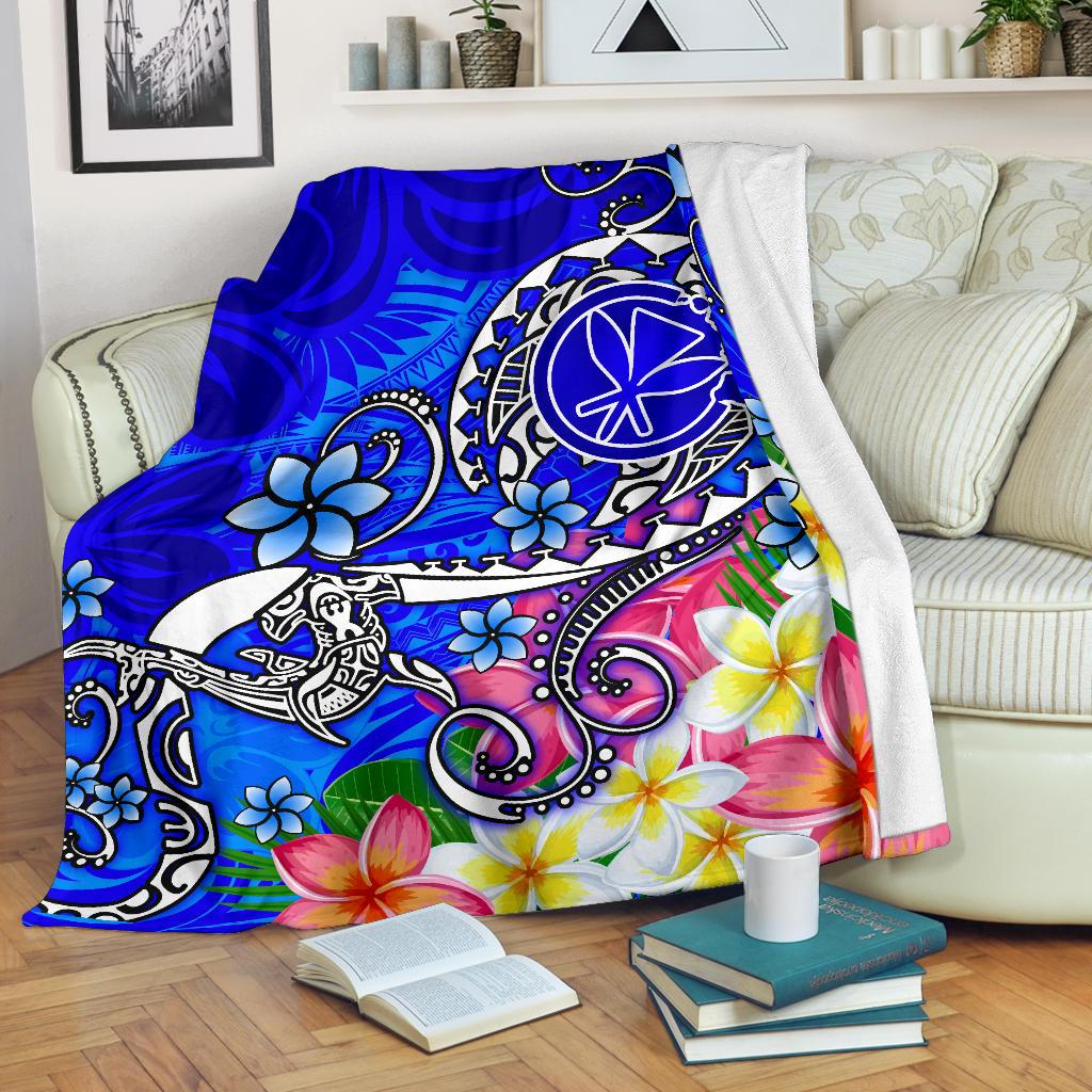 Hawaii Premium Blanket - Turtle Plumeria Polynesian Tattoo Blue Color White - Polynesian Pride