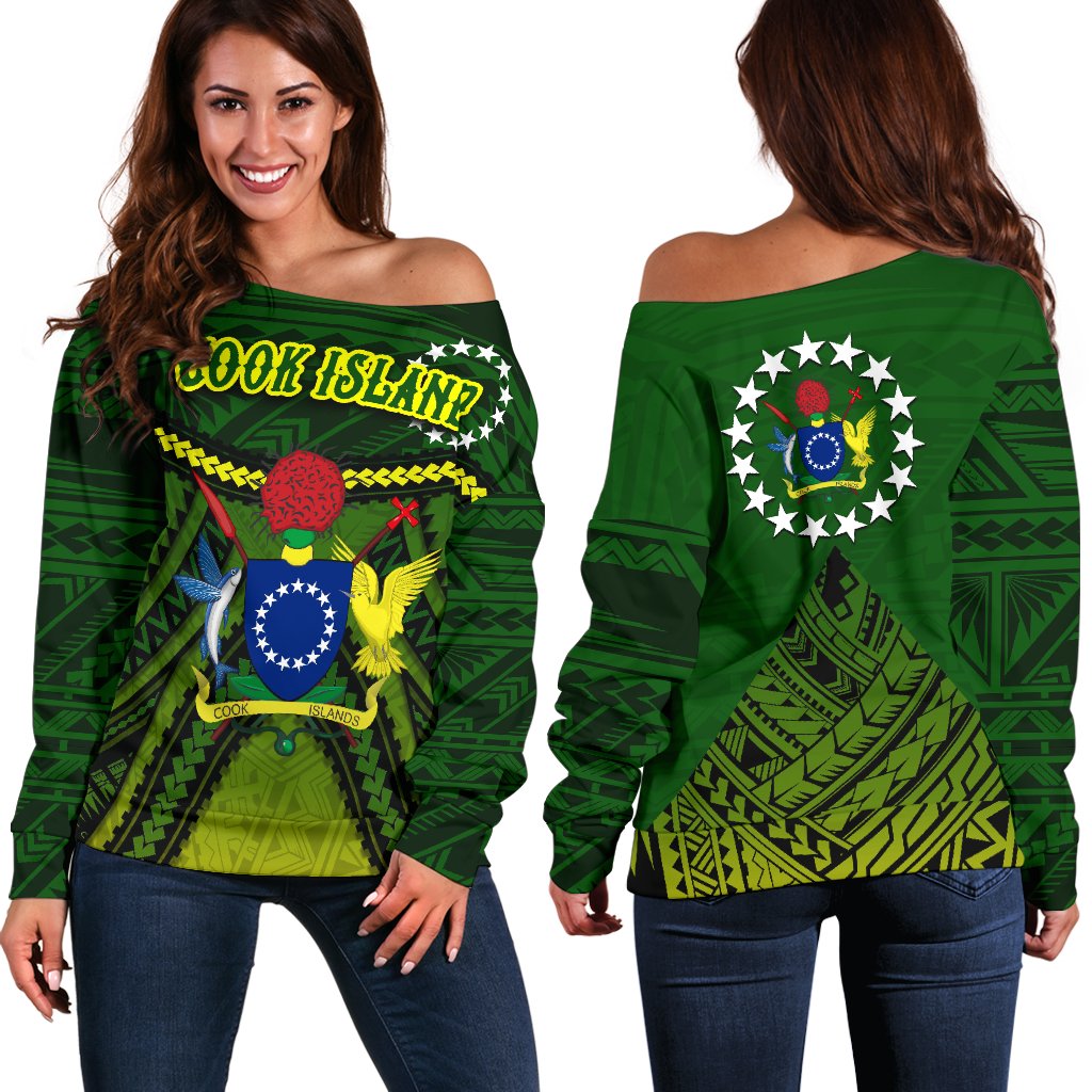 Cook Islands Women Off Shoulder Sweater Polynesian Tattoo Seashore Green - Polynesian Pride