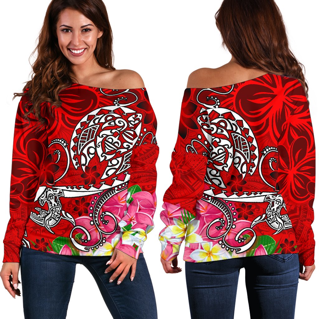 Polynesian Women's Off Shoulder Sweater - Turtle Plumeria Red Color Red - Polynesian Pride