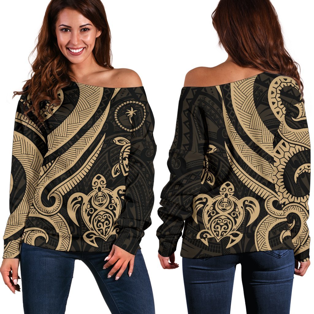 Chuuk Women Off Shoulder Sweater - Gold Tentacle Turtle Gold - Polynesian Pride