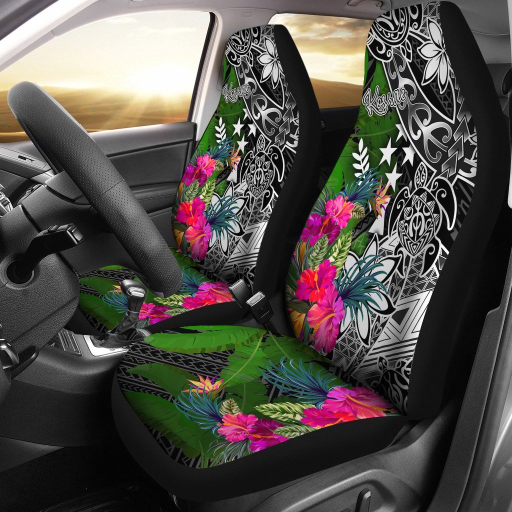 Kosrae Car Seat Covers - Turtle Plumeria Banana Leaf Universal Fit Black - Polynesian Pride