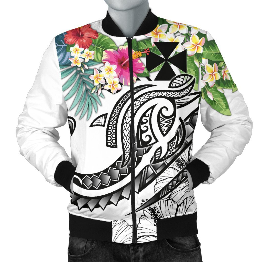 Wallis and Futuna Polynesian Men's Bomber Jacket - Summer Plumeria (White) White - Polynesian Pride