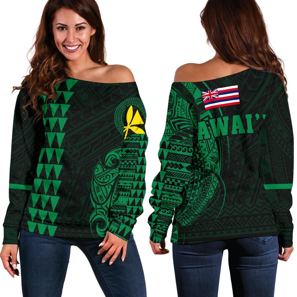 Hawaii Kanaka Polynesian Women's Off Shoulder Sweater - Green Women Green - Polynesian Pride