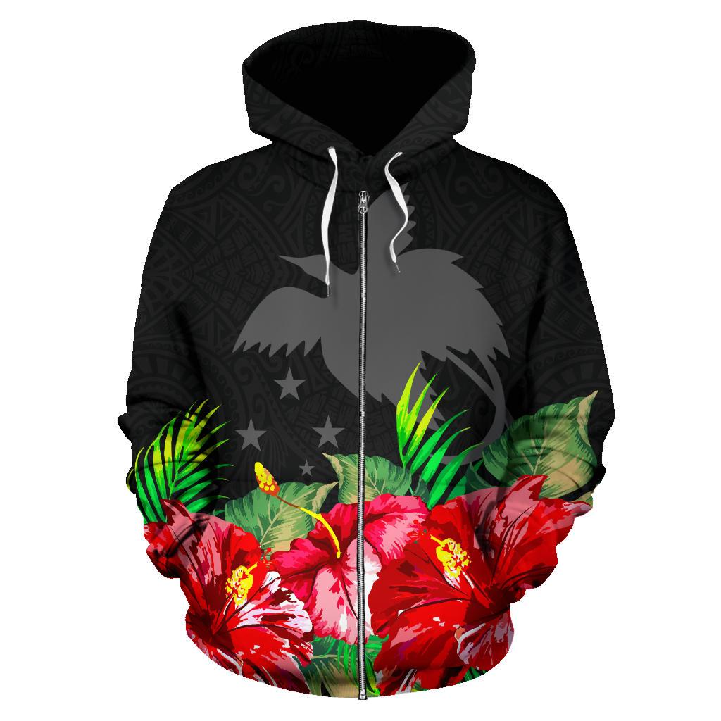 Papua New Guinea Polynesian Zip Hoodie Black Hibiscus - Polynesian Pride