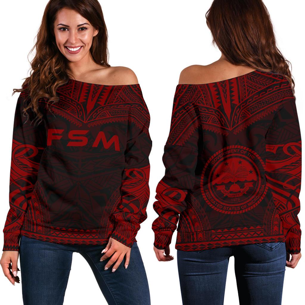 Federated States Of Micronesia Polynesian Chief Women's Off Shoulder Sweater - Red Version Red - Polynesian Pride