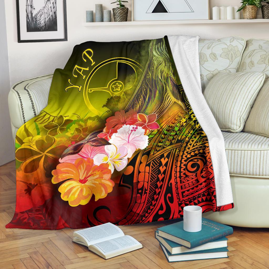 Yap Premium Blanket - Humpback Whale with Tropical Flowers (Yellow) White - Polynesian Pride