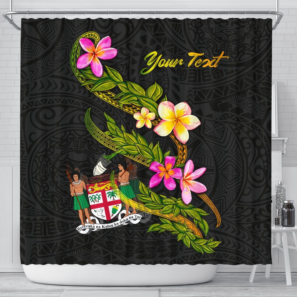 Fiji Polynesian Custom Personalised Shower Curtain - Plumeria Tribal 177 x 172 (cm) Black - Polynesian Pride