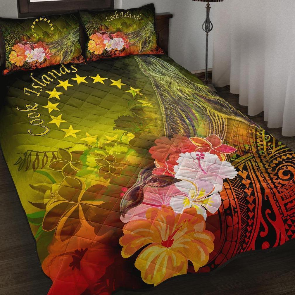 Cook Islands Quilt Bed Set - Humpback Whale with Tropical Flowers (Yellow) Yellow - Polynesian Pride