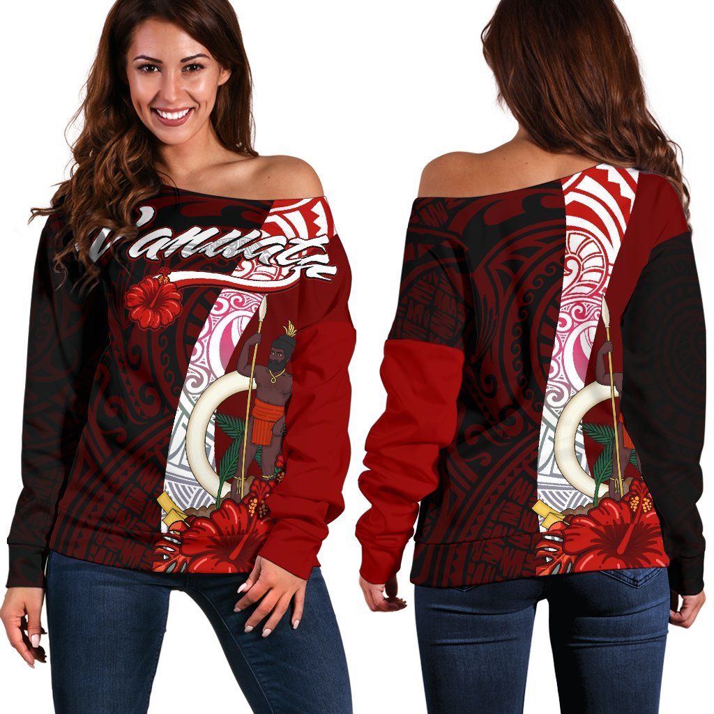 Vanuatu Polynesian Women's Off Shoulder Sweater - Coat Of Arm With Hibiscus Red - Polynesian Pride