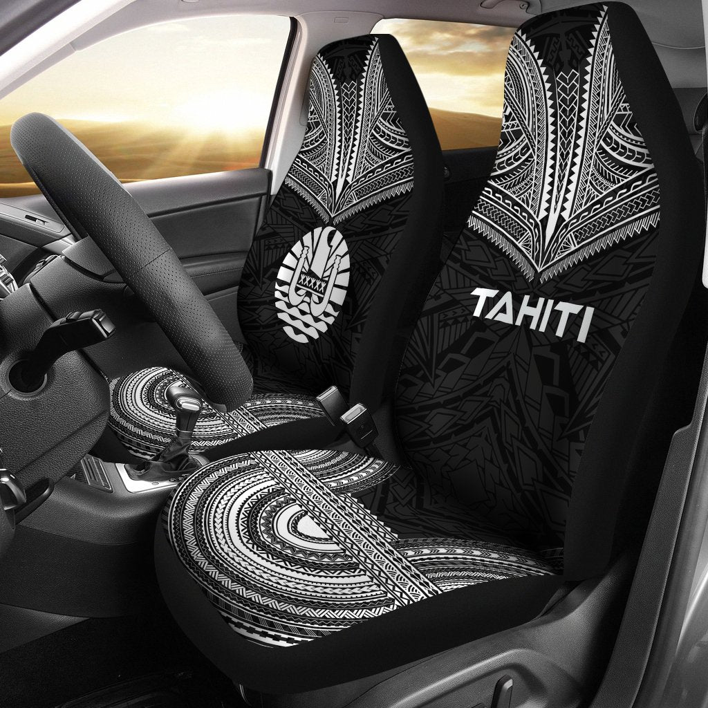 Tahiti Car Seat Cover - Tahiti Flag Polynesian Chief Tattoo Black Version Universal Fit Black - Polynesian Pride