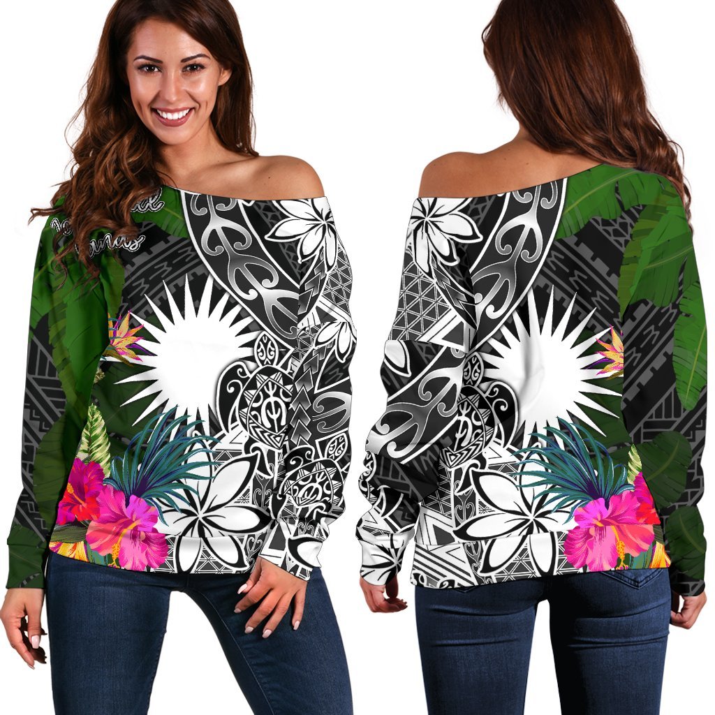 Marshall Islands Off Shoulder Sweater - Turtle Plumeria Banana Leaf Black - Polynesian Pride